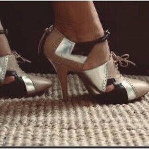 Miu Miu Lace-Up High Heel Booties Silver Nude Black Patent 38 Italy Brogue Tri